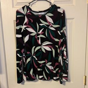 Liz Claiborne Leaf Print Long Sleeve Top - Black, Green, Pink
